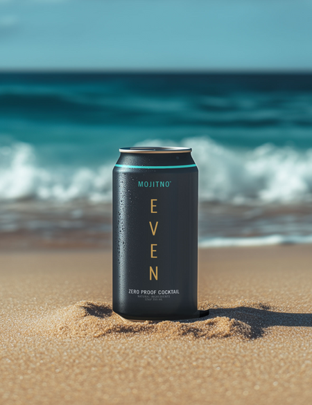 A can of Mojitno on a beach