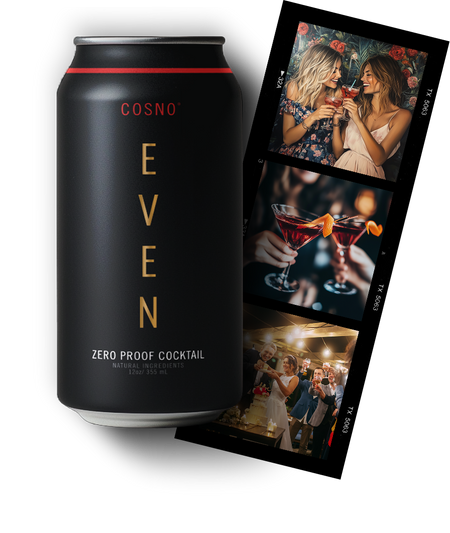 Can of Cosno and photo reel of people drinking the Cosno non-alcoholic cocktail