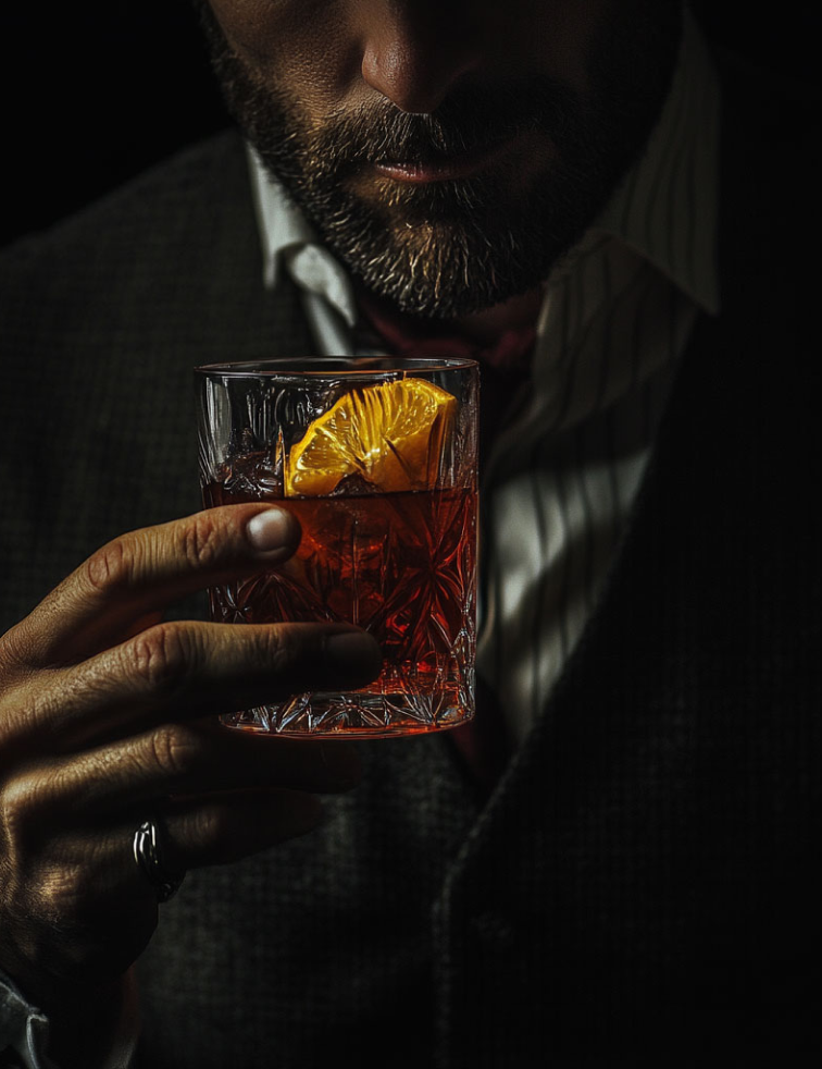 Man drinking a Non-Alcoholic Cocktail in a lowball glass