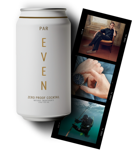 Can of Par and photo reel of people drinking the Cosno non-alcoholic cocktail