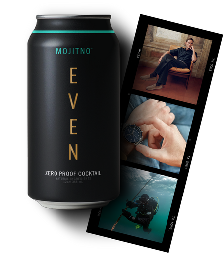 Can of Mojitno and photo reel of people drinking the Cosno non-alcoholic cocktail
